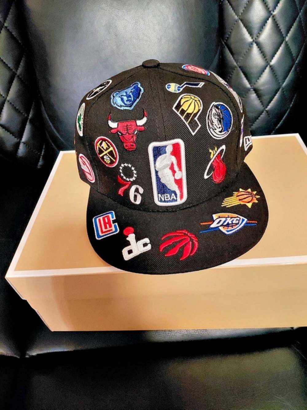 NBA Multi Team Logo Patch 59FIFTY Custom Fitted Hat Black  Size 7 3/8 (L) NWT
